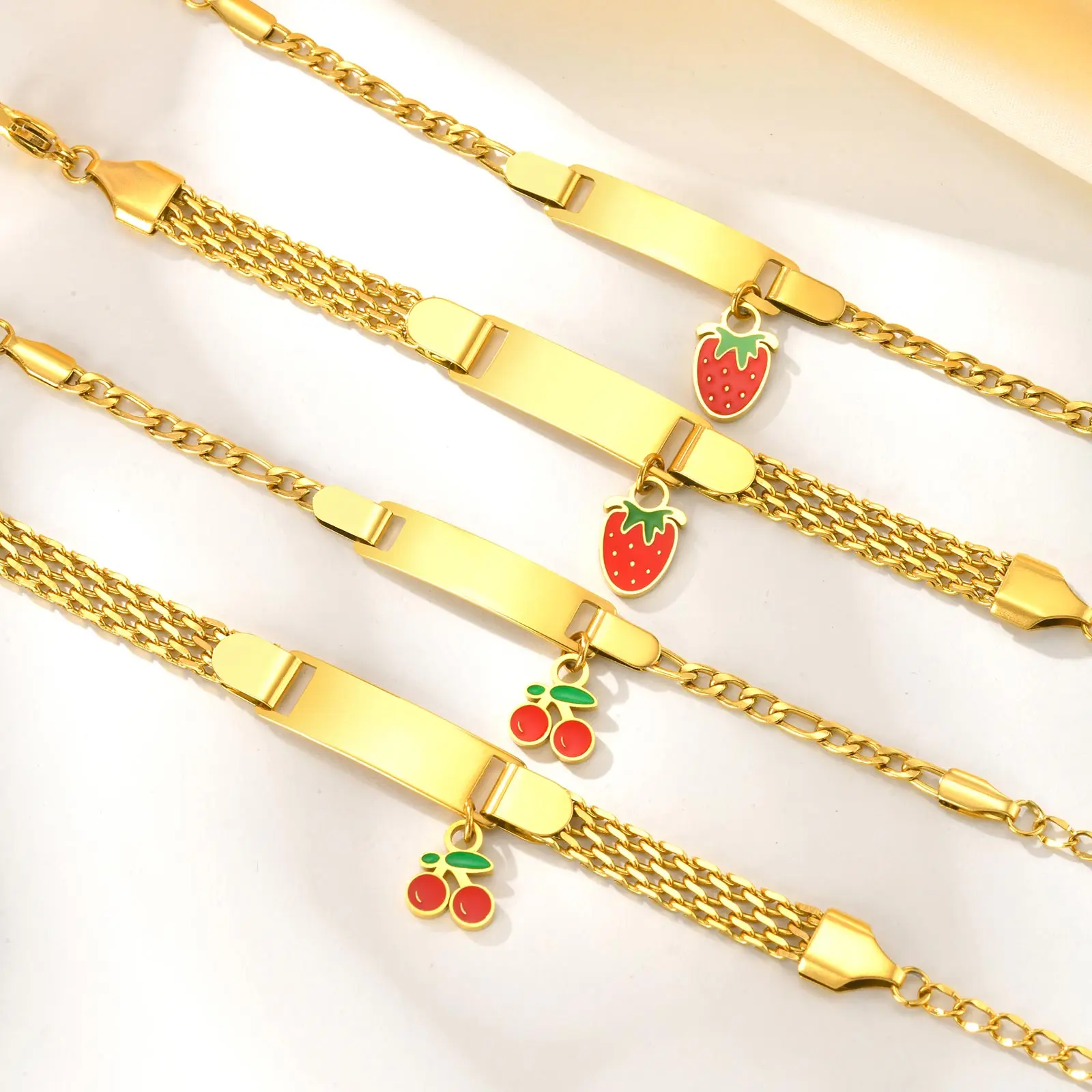 Personalized Customized Name Bracelet for Girl Boy Children, Strawberry Cherry Pendant Stainless Steel ID Bracelet for Kids