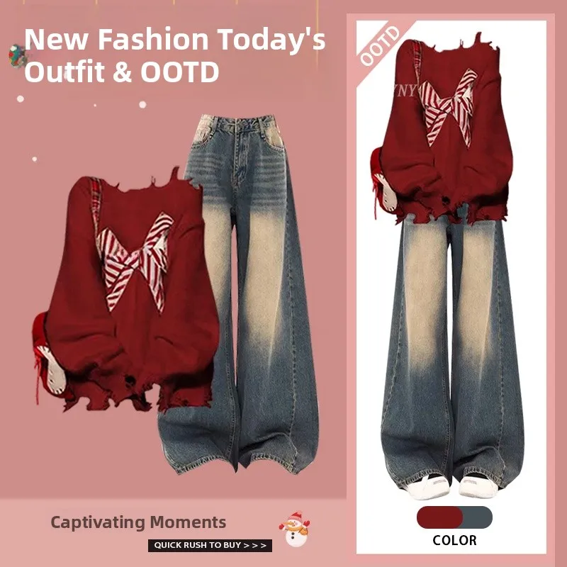 Gebreide trui en losse jeans voor dames met vlinderdas Winter Faion tweedelig pak lang Sve rond Ne katoenmix