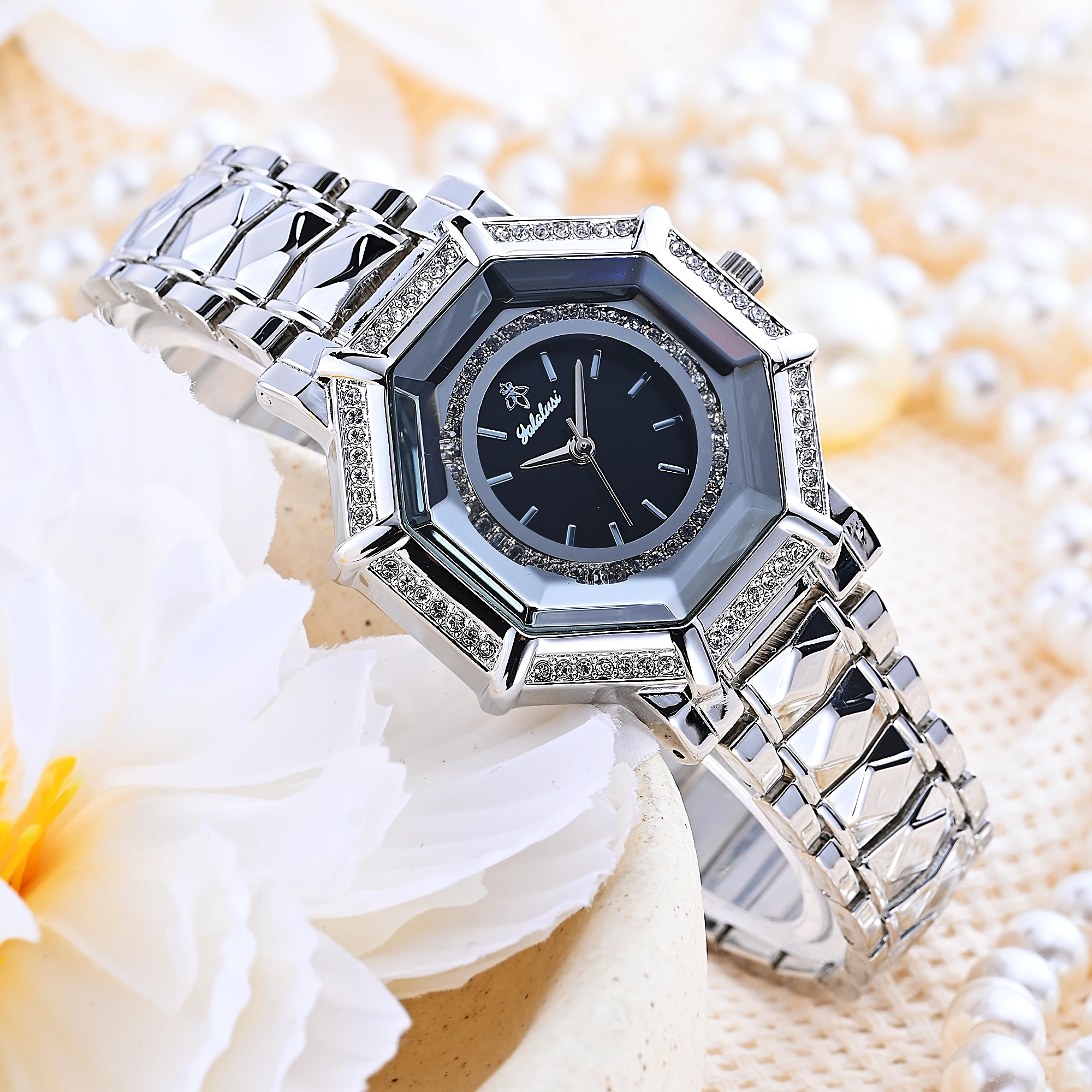 YaLaLuSi Luxury Octagonal Diamond Women Watch Silver Bracelet Wristwatch Elegant Rhinestone Bezel Ladies Quartz Waterproof Gift Watch