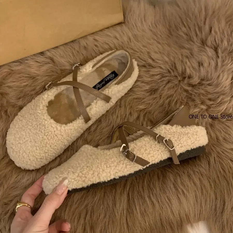 2024 Fashion Round Toe Wool Ballet Flats Ladies Brand Design Fur Mary Jane Shoes Woman Winter Warm Plush Loafers Mujer