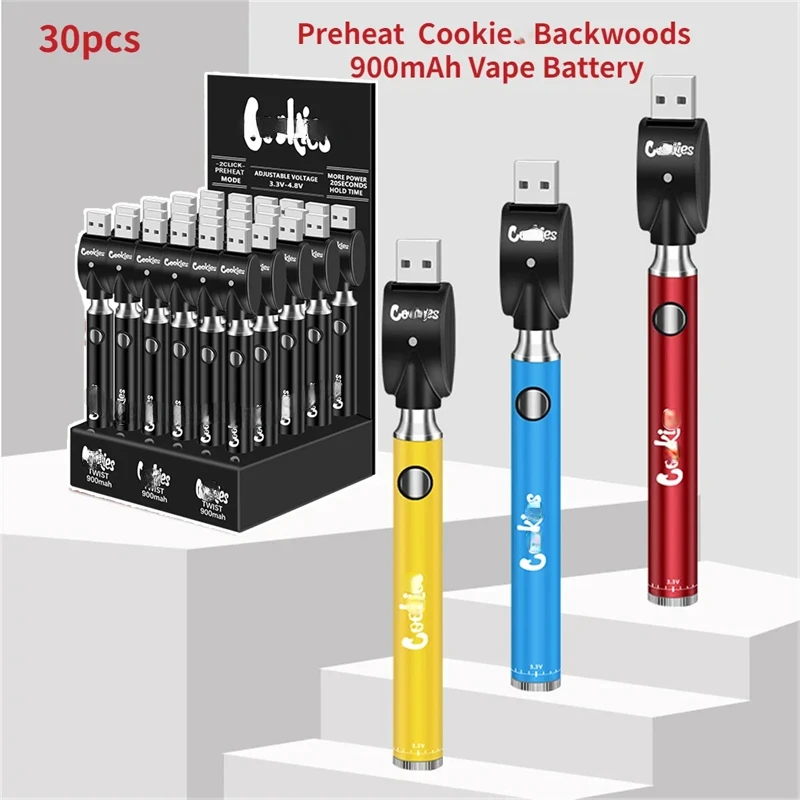 

30pcs/lot 900mAh Cookie Backwoods Vape Preheat VV Battery Voltage Adjustable with USB Charger Fit 510 Thick Oil Cartridges Tank