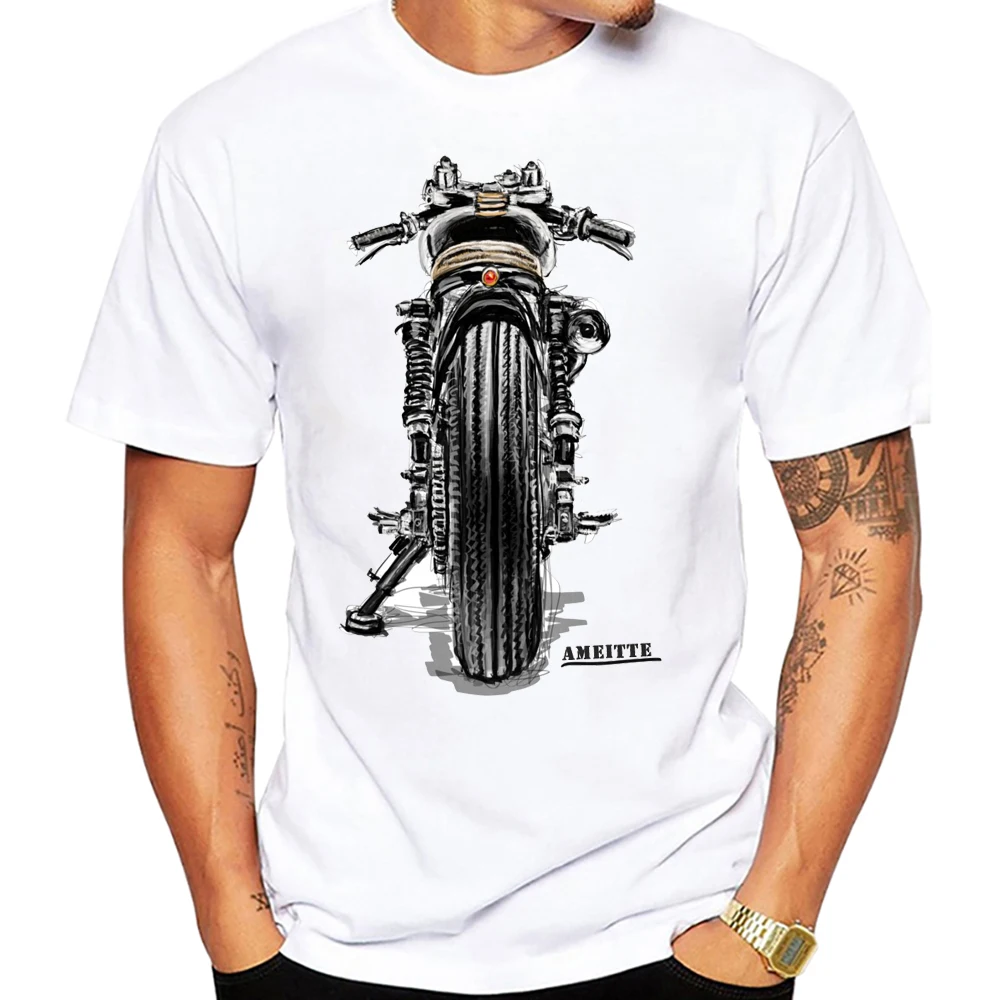 Fun Motorcycle Cafe Racer From Behind Riding T Shirt Summer Men Short Sleeve Sport Classic T-Shirt Hip Hop Boy Casual White Tees