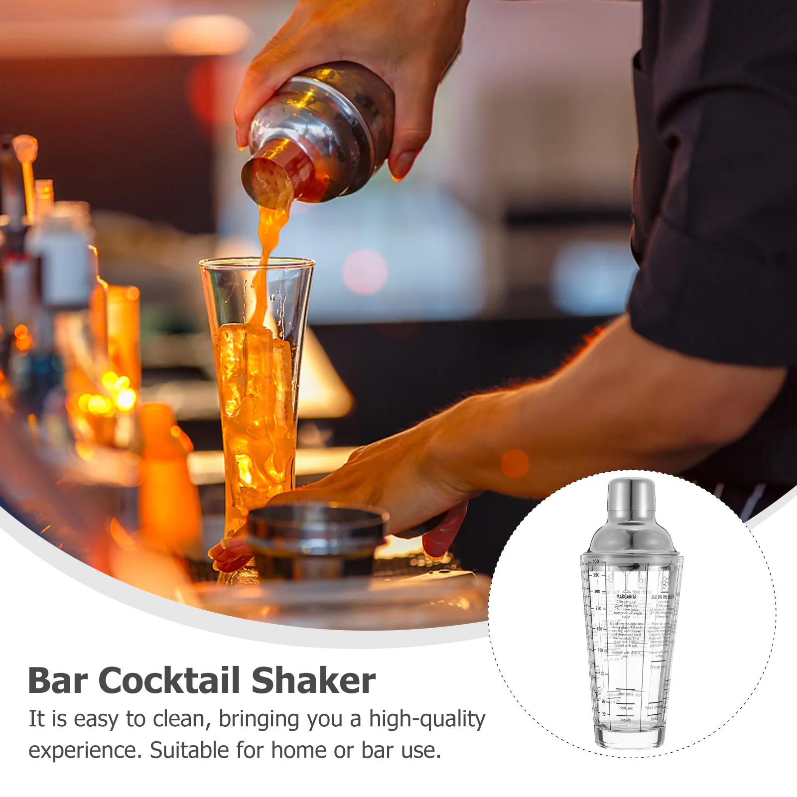 

1Pcs 400ml Glass Shaker Stainless Steel Waterproof Rustproof Smooth Surface Measuring Scale Cocktail Mixer Home Bar