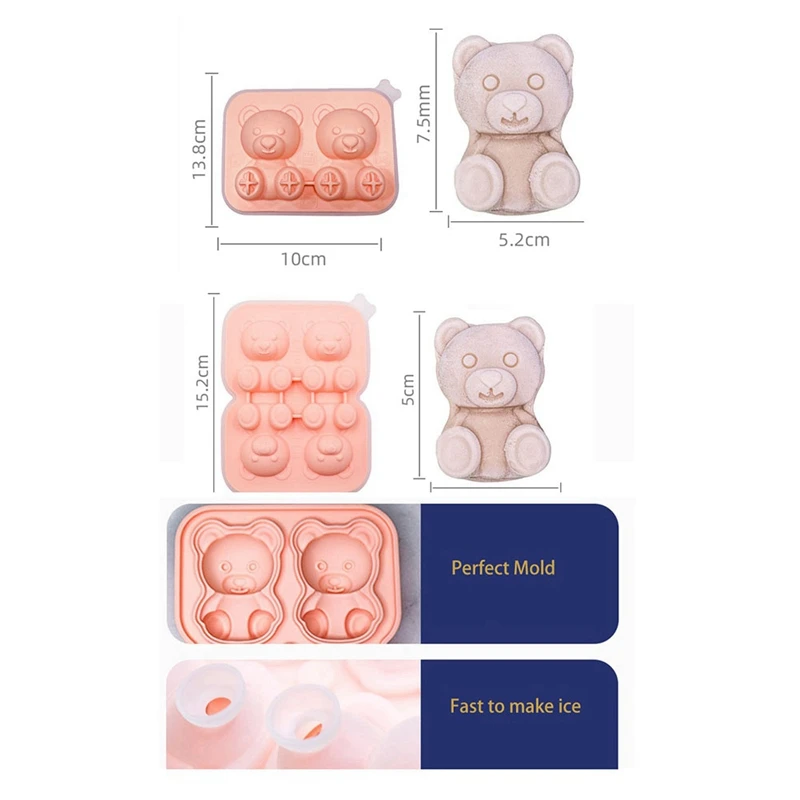 Teddy Bear Shaped Ice Cube Mold Silicone 4 Bear Ice Cube Molds For Whiskey Big Ice Tray With Lid 2023 Kitchen Home Cool Summer