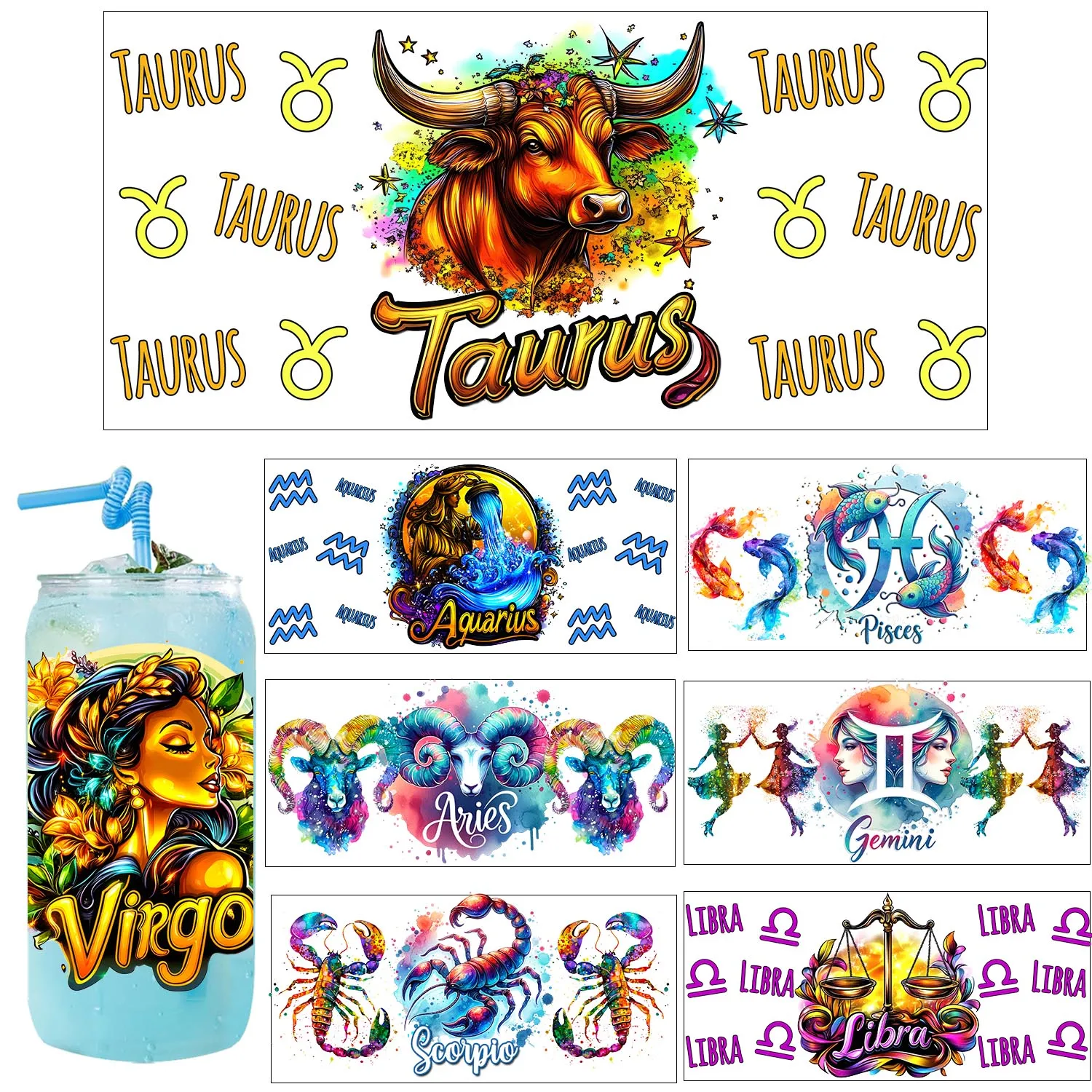 1/5pcs Zodiac signs theme 16oz UV DTF easy peel waterproof DIY Decals 3D transfers uvdtf tumbler stickers 16oz uv dtf cup wraps
