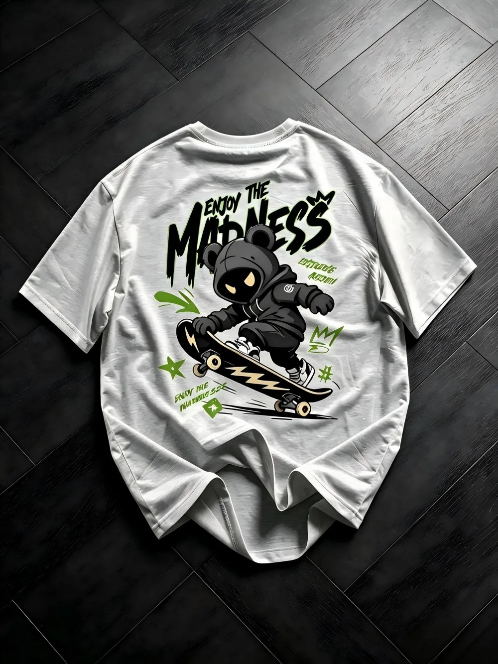 American men's new summer fashion skateboard bear letter print micro elastic breathable round neck T-shirt outdoor street top