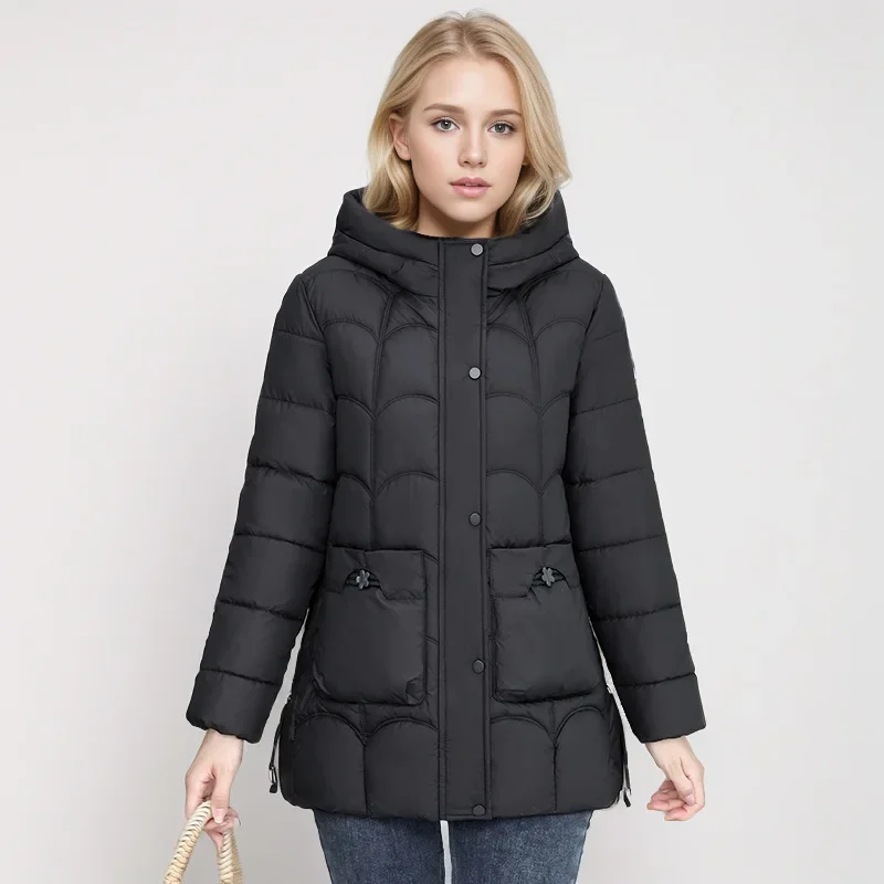 2024 Winter Women\'s Down Cotton Warm Coats New Stylish Midi Length Hooded Lightweight Padded Parkas Pockets Loose Jacket Female