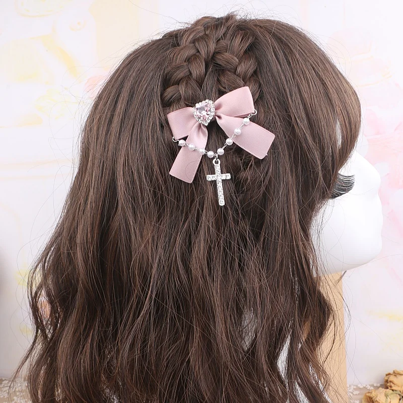 Accessories for Women Bow Hair Clips Rhinestones Cross Pendant Loria Bowknot Fashion Lolita Harajuku Y2K Girl Hair Pins