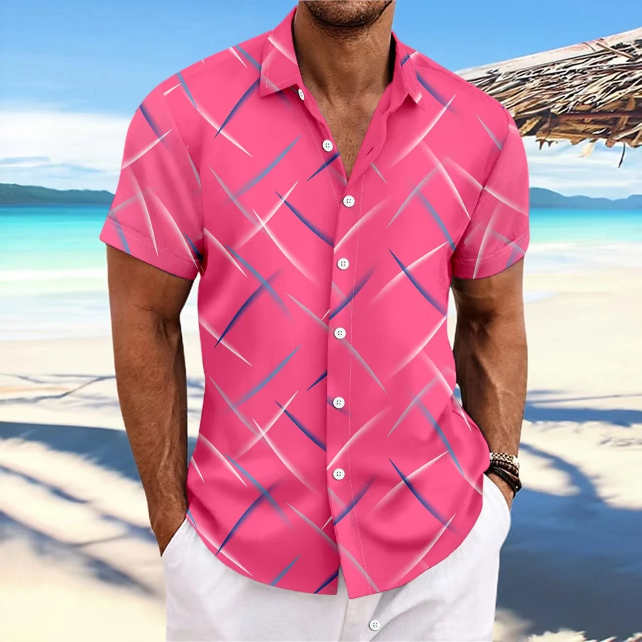 2024 Summer New Men\'s Striped Feather Casual Beach Short Sleeve Button-up Shirt