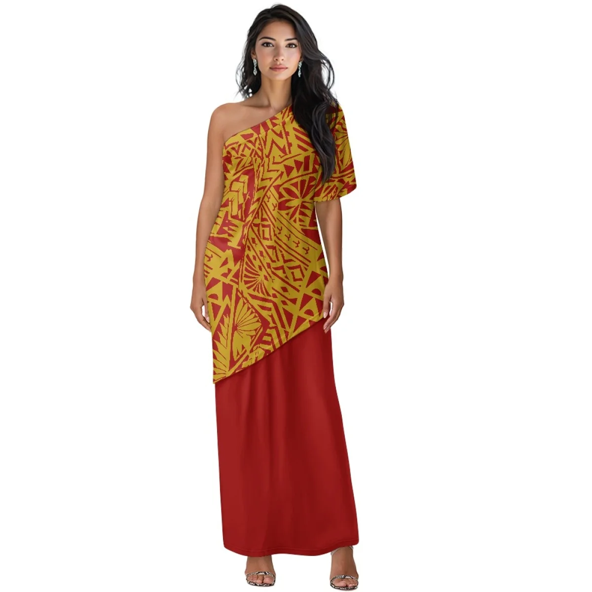 ชุดเดรสลายพิมพ์ชนเผ่าโพลินีเซียนสีแดงแบบซามัวสำหรับผู้หญิง เสื้อผ้าผู้หญิงเอเชียและหมู่เกาะแปซิฟิก ชุดเดรสสีชมพูสำหรับงานเลี้ยงตอนเย็น