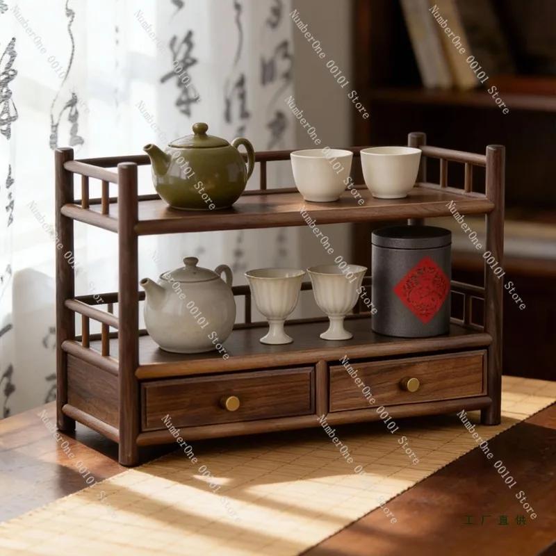 Elegant Solid Wood Tea Set Organizer Rack Small Desktop Storage Shelf Vintage Chinese Style North American Walnut Display Stand