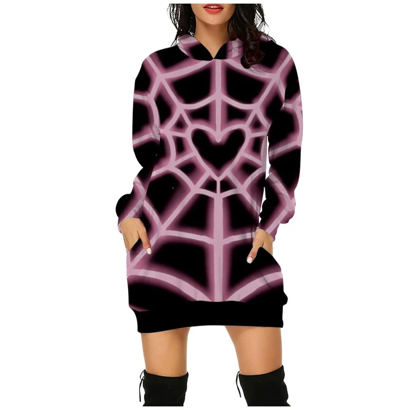 Y2k Purple Spider Web Hoodie Sweatshirt Dress Autumn Women Long Sleeve Hoodie Fashion Halloween Oversize Hooded Pullover Dress