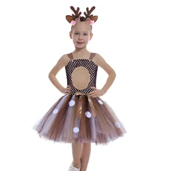 Christmas Deer Costume Fancy Dress For Girls Flower Reindeer Bambi Kids Tutu Dress with Headband Children New Year Clothes