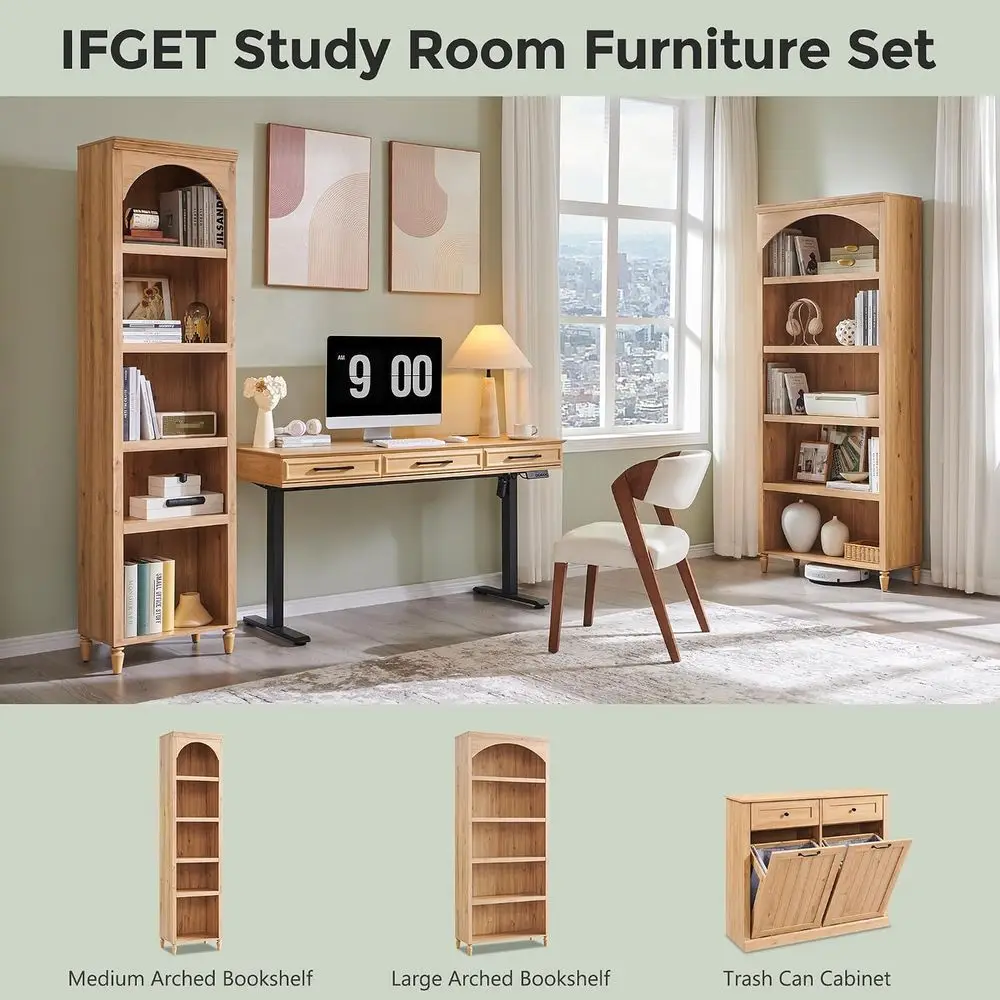 IGET 76" Tall Arched Bookcase, armhouse 5 Tiers Narrow Arched Bookshelnet with Adjustable Shelves, ern Wooden Book Shel w/Storag - view 6