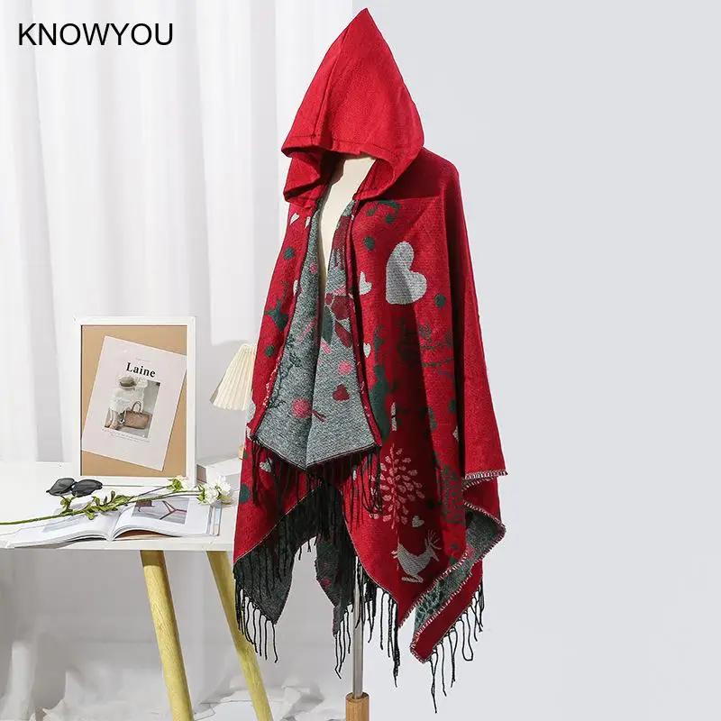 Hooded Capes for Men Christmas Deerlet Gift Poncho Men Warm Cashmere Blend Shawl Tassels Jacket Casual Outwear Pashmina
