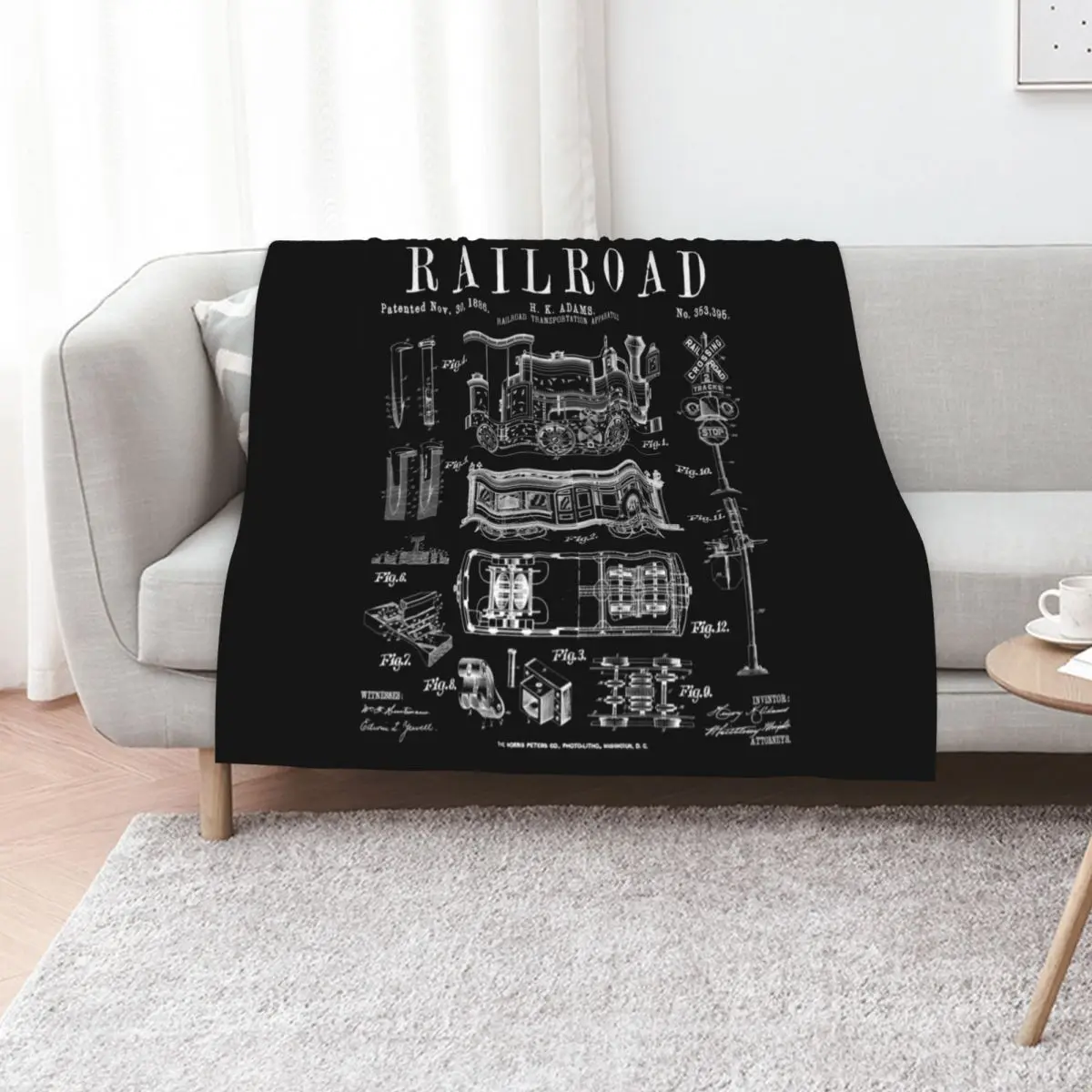 Railroad Railway Steam Locomotive Train Vintage Patent Print Throw Blanket Elegant Warm Throw Blanket for Hotel Home