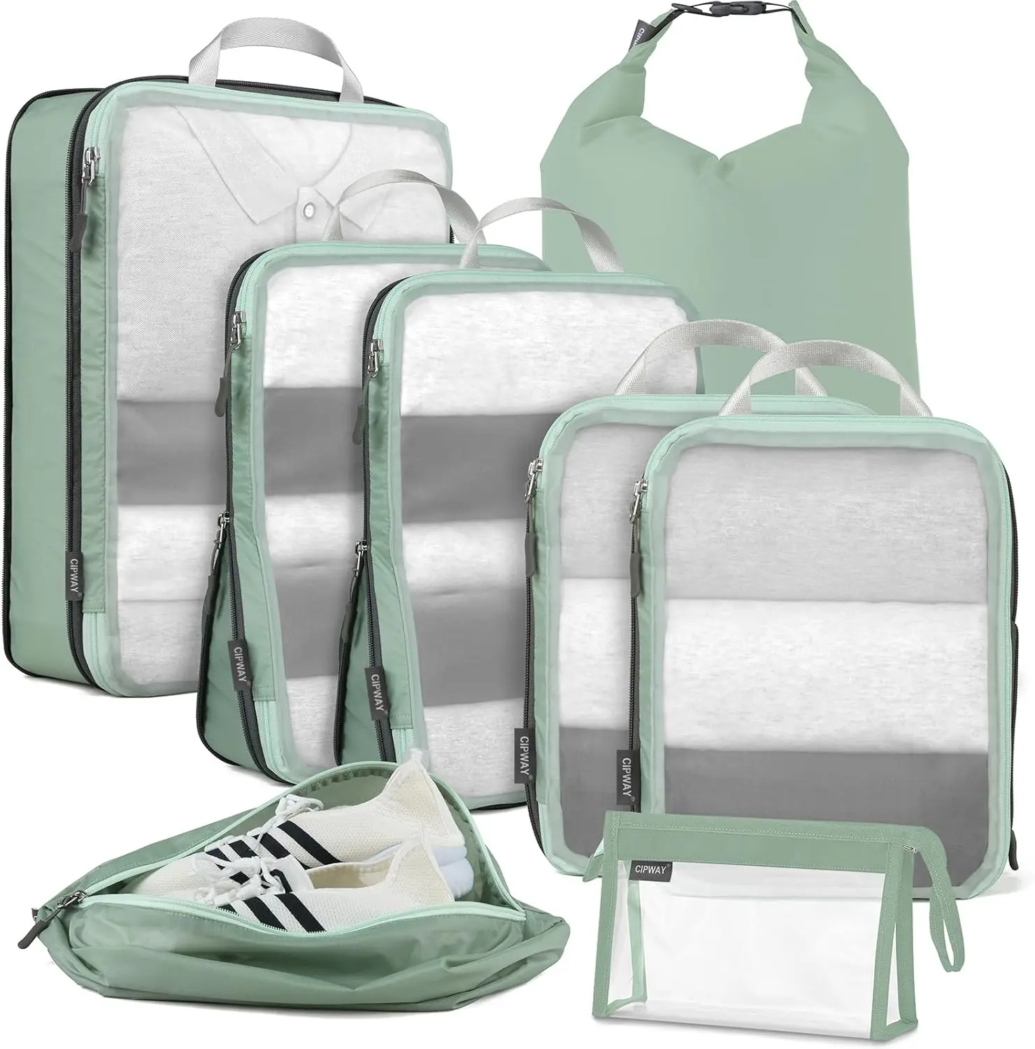 

8-Piece Sage Green Travel Packing Cubes Set with Mesh, Laundry & Shoe Bags for Carry-On Luggage Organization