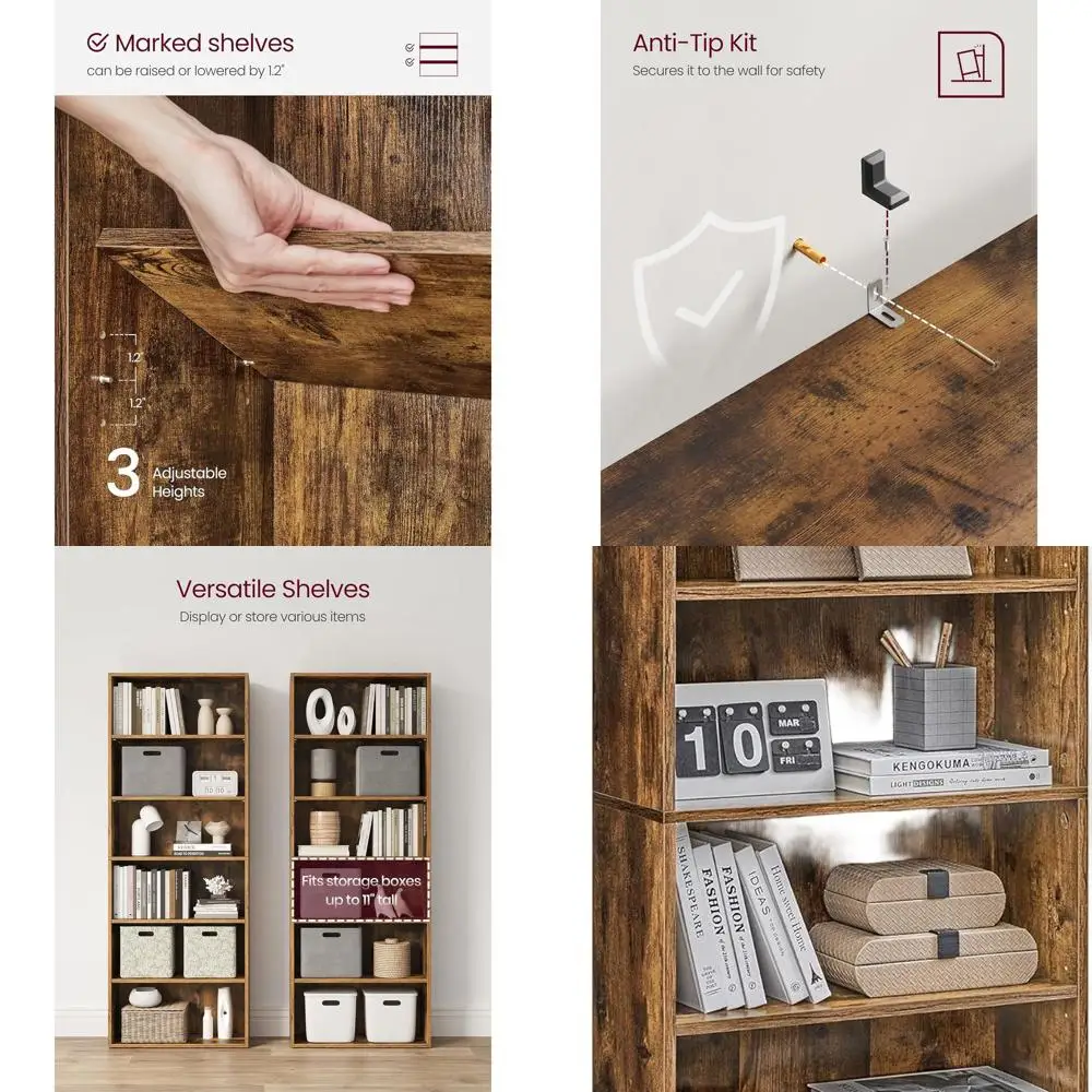 

6-уровневая книжная полка в деревенском коричневом стиле, 9,4 x 23,6 x 63,3, открытое хранилище, подходит для гостиной, домашнего офиса, столовой