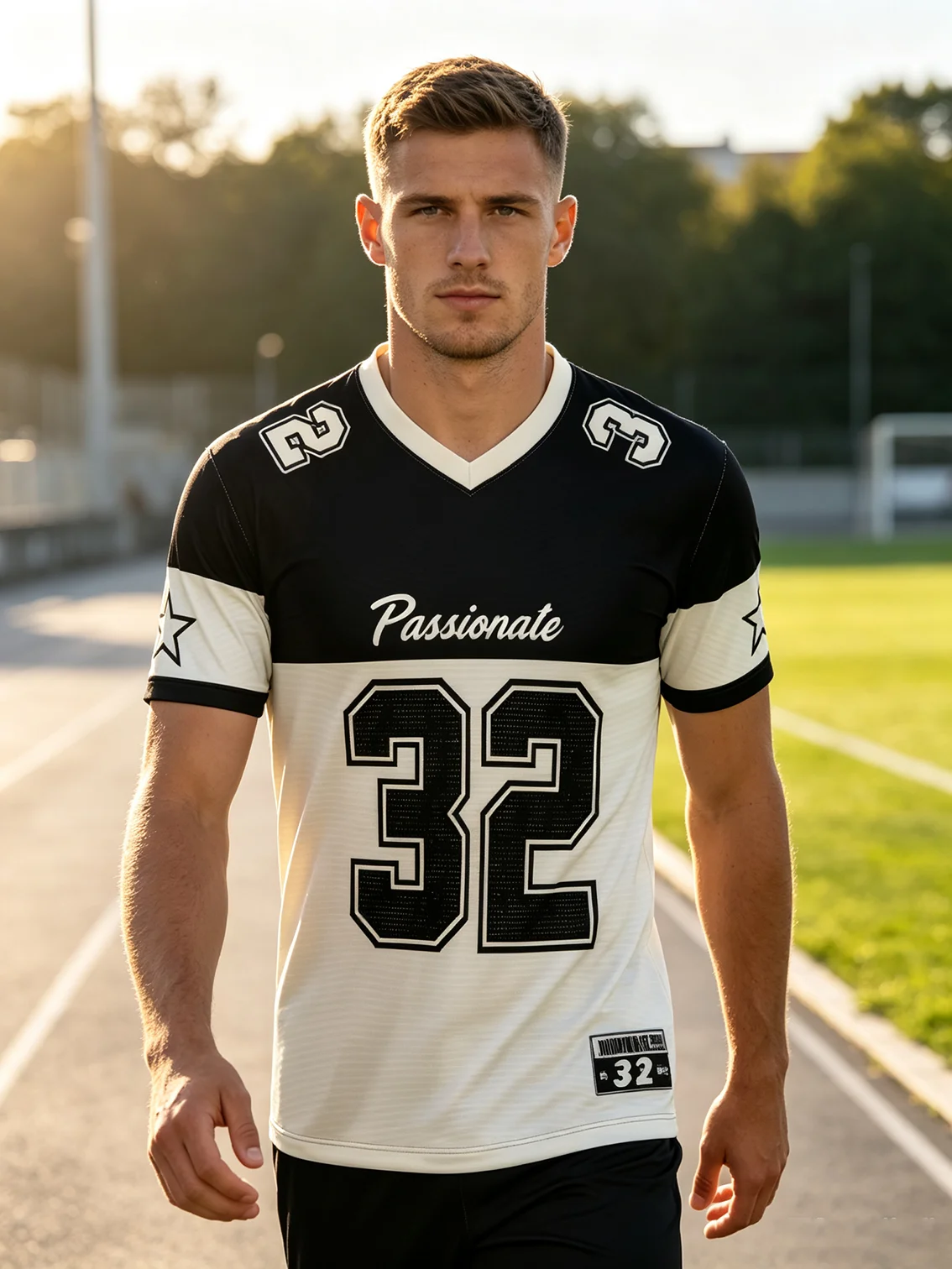Retro No.32 V-neck soccer jersey, black-cream color block, Passionate letter print, quick-dry fabric