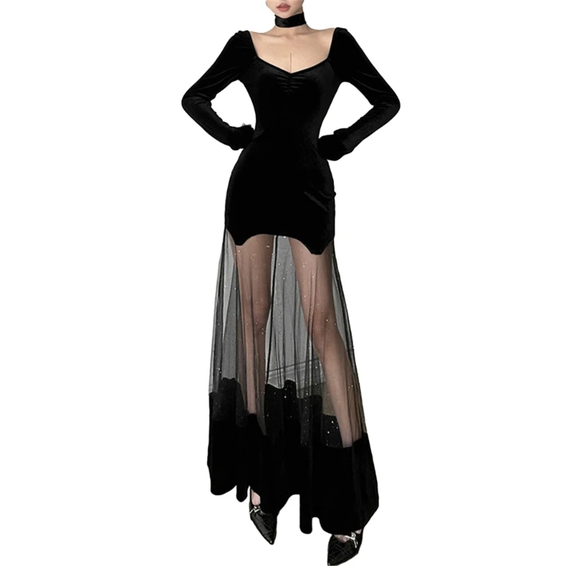 Fashionable Sheer Mesh Splicing Long Sleeve Dress Your Confidence and 066C