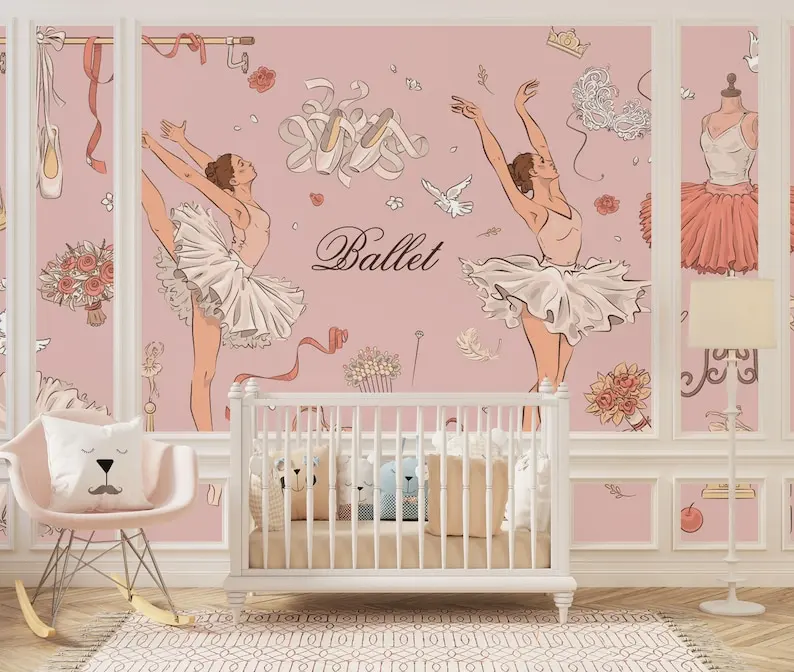 Custom Size Pink Ballerina Baby Girl Nursery Wallpaper, Ballet Art School Mural, Ballerina Girls Stylish Easy Removable Kids Wal