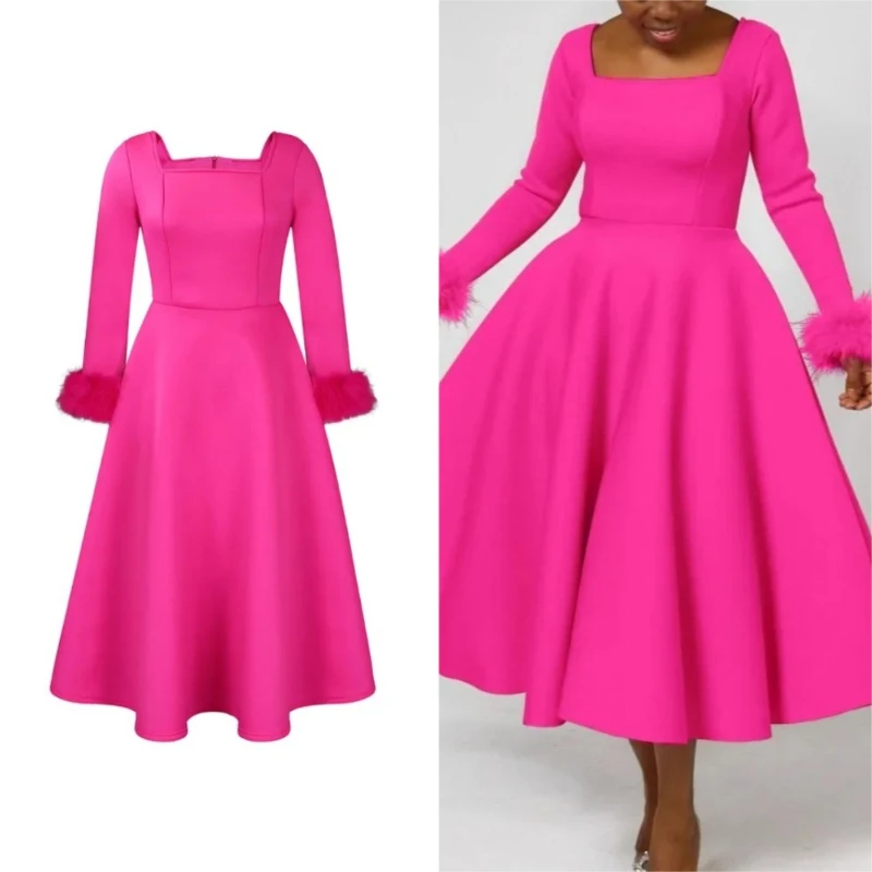 

2026 Spring Summer African Women Long Sleeve Square Collar Solid Color Party Evening Pleated Midi Dress Dashiki Africa Clothing