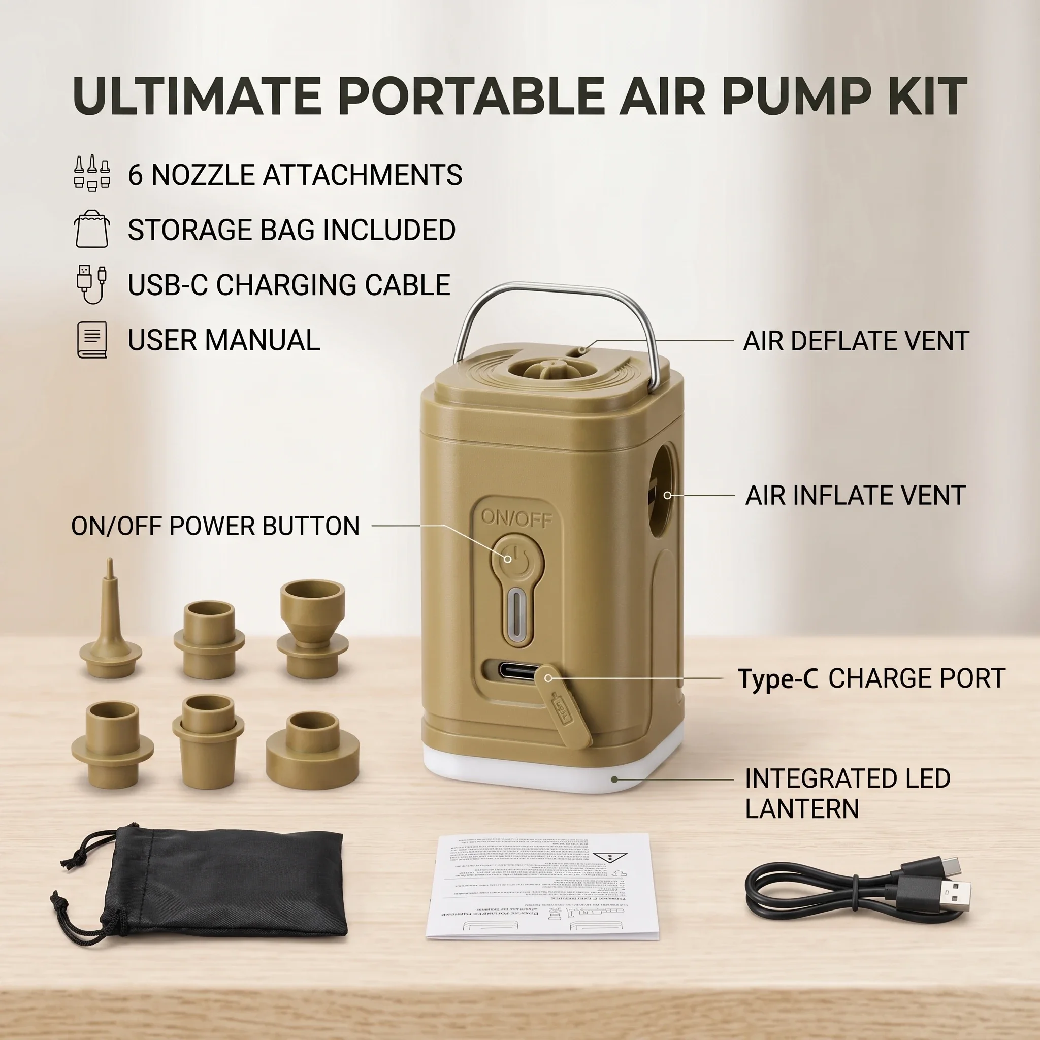Cordless Mini Air Pump USB-C Rechargeable 1200mAh, Hangable Inflator Deflator LED Light for Air Mattress Pool Floats Camping view 2