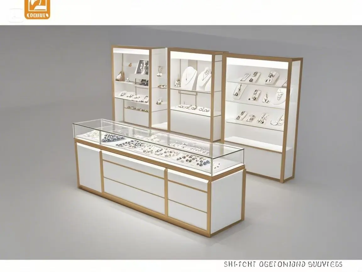 Custom.Factory Direct Customized MDF Jewelry Display Cabinet with Removable Counter LED Light Strip Glass Counter for Mass Displ