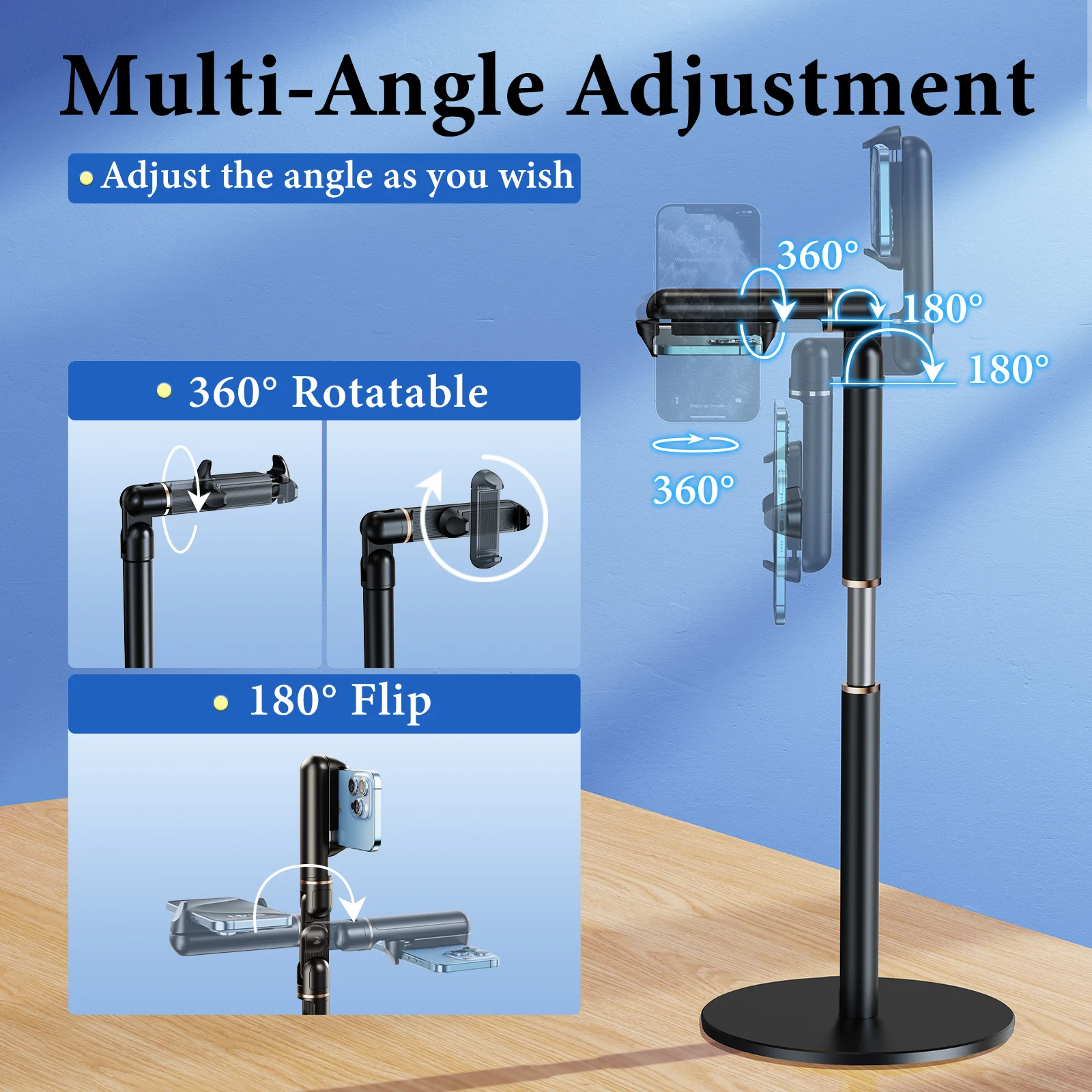 Oatsbasf Desktop Phone Holder w/Clip Multi-Angle Rotatable 10.2-24.4in Height Adjustable Overhead Phone Stand for 4.7-7in Device