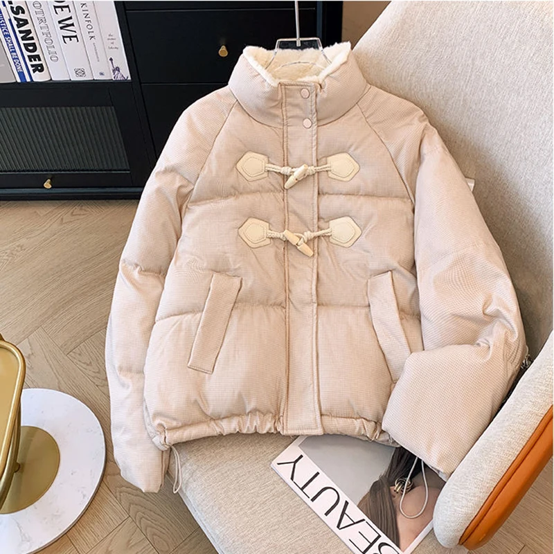 Winter Cotton Fleece Wool Padded Parka Horn Button College Girl Student Puffer Jacket Short Loose and Thick Bread Coat