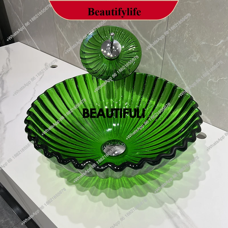 

F185 Transparent green tempered glass washbasin, modern round bathroom countertop basin, creative wave striped art washbasin