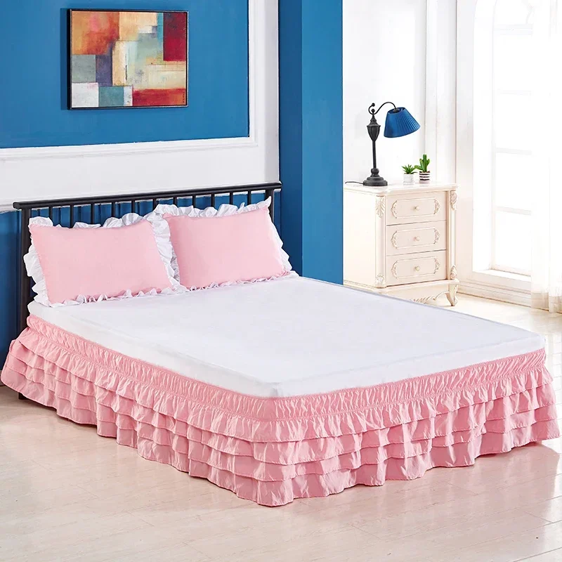 4 Layers Ruffled Bed Skirt Wrap Around Elastic Bed Skirt Bed Cover Without Surface Home Hotel Bed Skirt Twin /Full/ Queen/ King