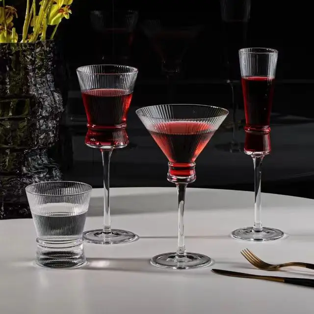 Glass Vertical Stripes Goblet Champagne Glass Cocktail Glass Gold Belt with Gold Wine Glasses