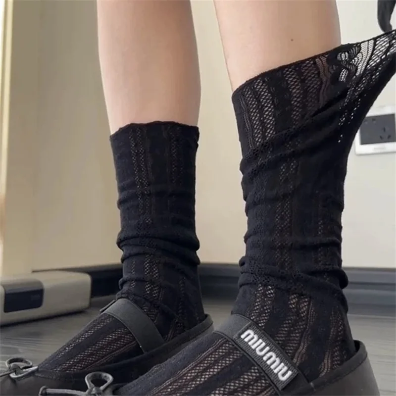 1Pairs Kawaii Girls Cute Socks Spring Summer Mesh Hollow Out Women Socks Solid Color Female Harajuku Retro Vintage Long Socks
