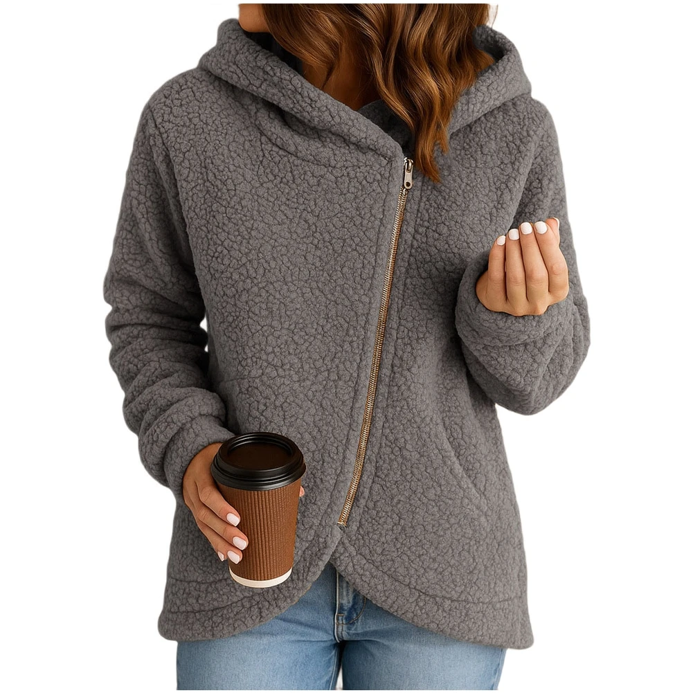 

Casual Womens Warm Long Sleeve Jacket with Hood and Zip Front Fluffy Sweatshirt Coat Suitable for Autumn and Winter Season