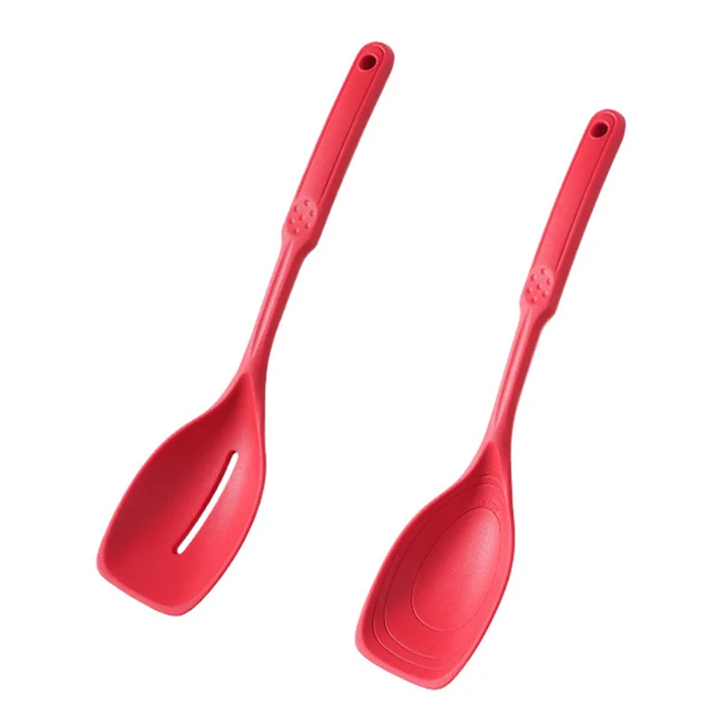 Silicone Cooking Spoon,Non-Stick Slotted and Solid Spoon Set with Deep Bolw and Measurement Mark, Kitchen Utensils Red