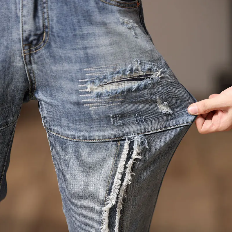 High Street Fashion Men Jeans Retro Light Blue Stretch Slim Fit Ripped Jeans Men Spliced Designer Hip Hop Denim Biker Pants