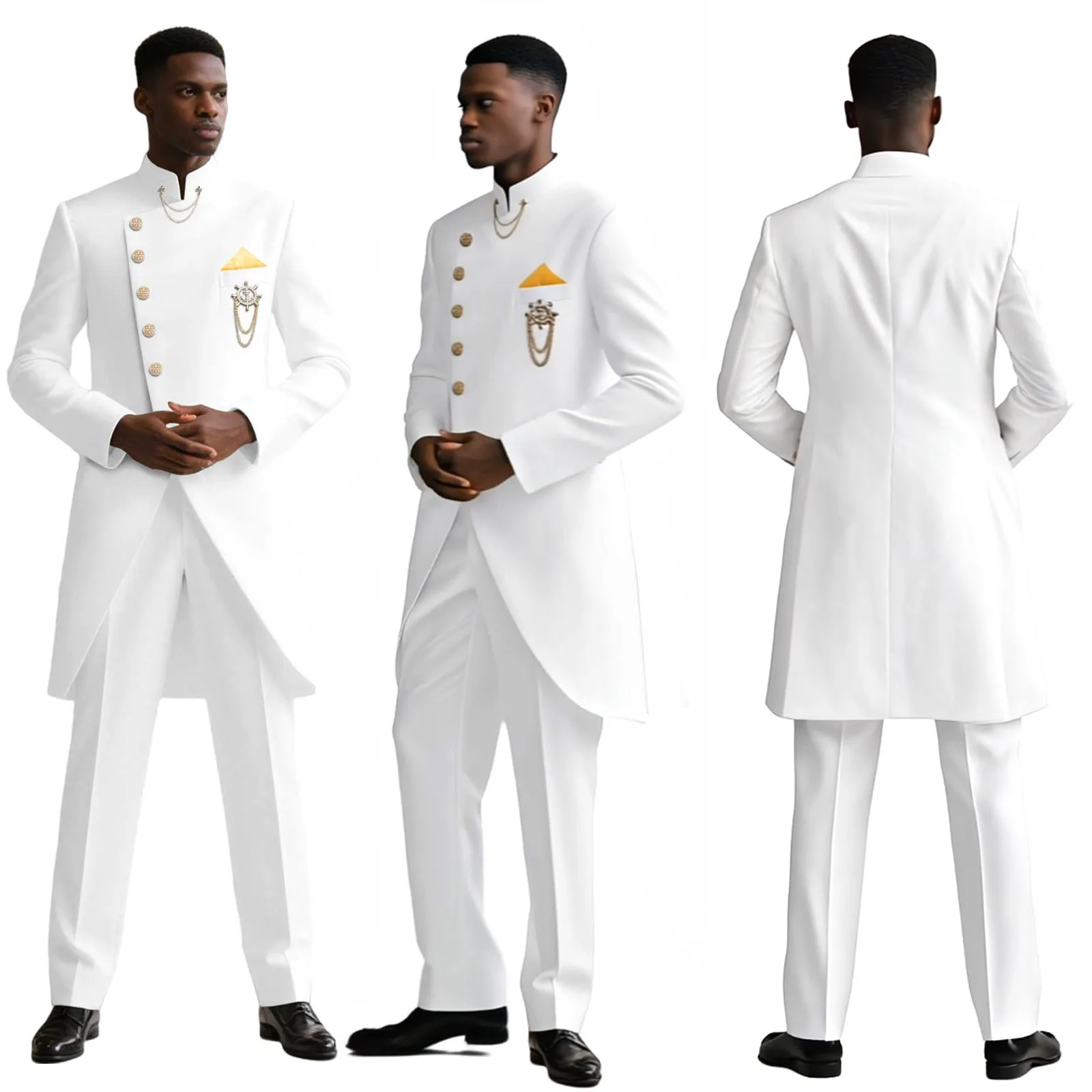 

DBQ Men's Slim Fit African Business Suit 2-Piece Solid Single-Breasted with Brooch Long Jacket And Slim Pants for Wedding BD116