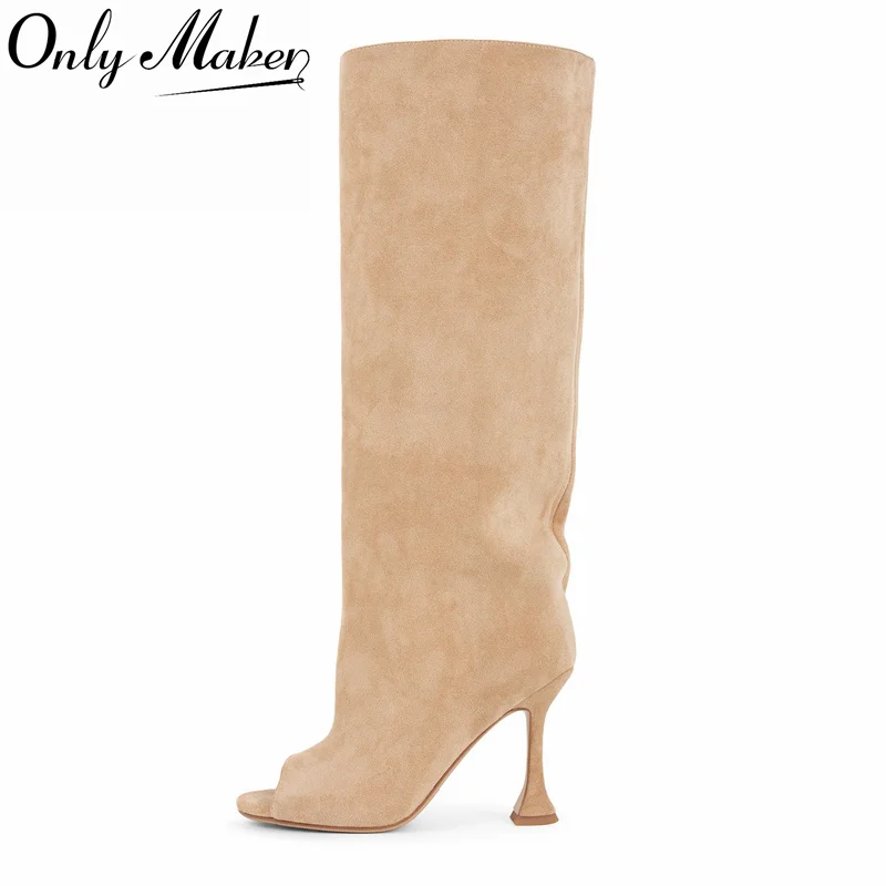 Onlymaker Women Peep Toe Pleat Slouchy Knee High Boots  Flared High Heels Faux Suede Dress Pull-On Boots