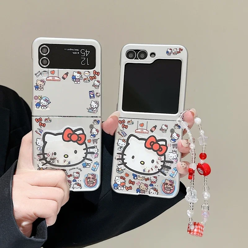 Cute Cartoon Sanrio Hello Kitty Grip Holder Phone Case For Samsung Galaxy Z Flip 6 5 4 3 Hard Plating Cover With Lanyard