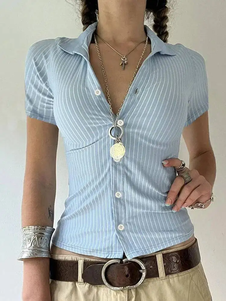 Sweetown blauwe streep shirts met korte mouwen voor dames met knopen omhoog kraag slank eenvoudig casual preppy tops basic zomer tees