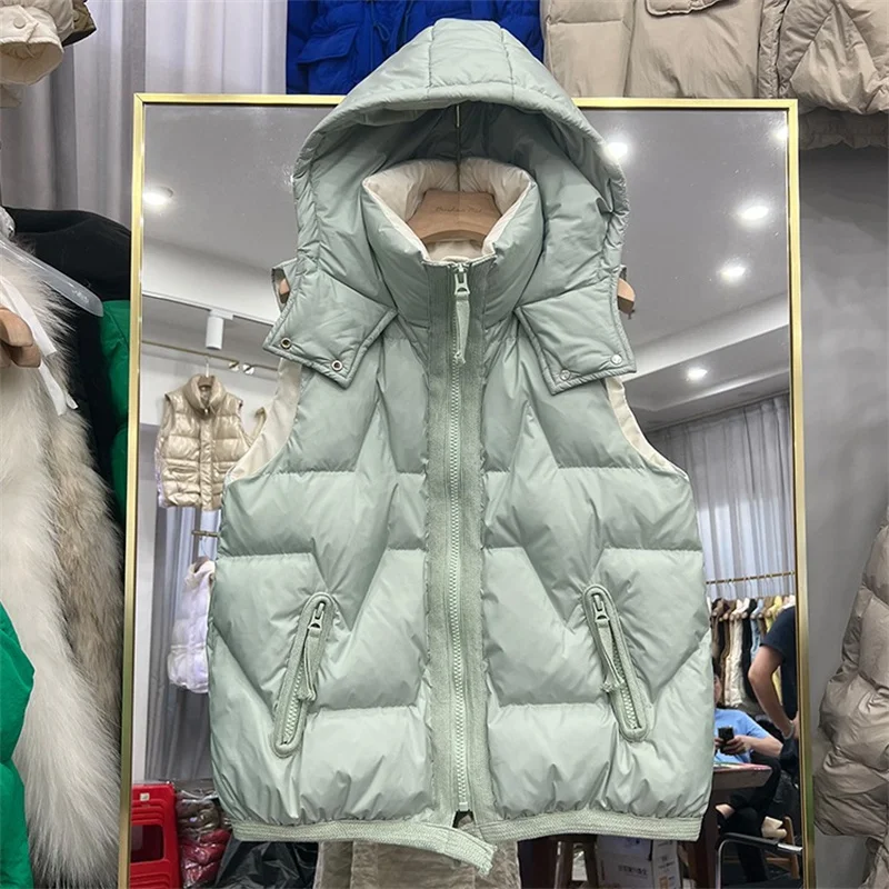 New Winter Hooded Down Waistcoat Women Light Thin White Duck Down Vest Coat Lady Sleeveless Warm Puffer Jacket Parkas Short Tank