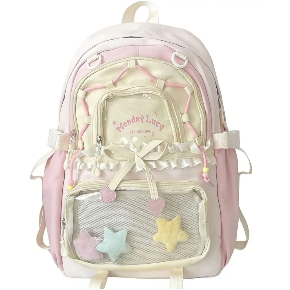 Stylish Clear Pockets Ita Backpack with Bows Large Capacity Big Ruffles Itabag Ruffles Pin Display Backpack Back To School