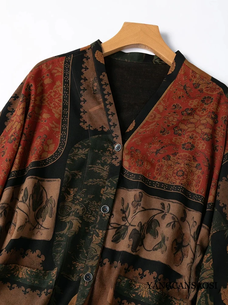 Women's Fashion Clothing Ethnic Style Color Blocked 100% Natural Mulberry Silk Fragrant Cloud Yarn Batwing Sleeve Loose Cardigan