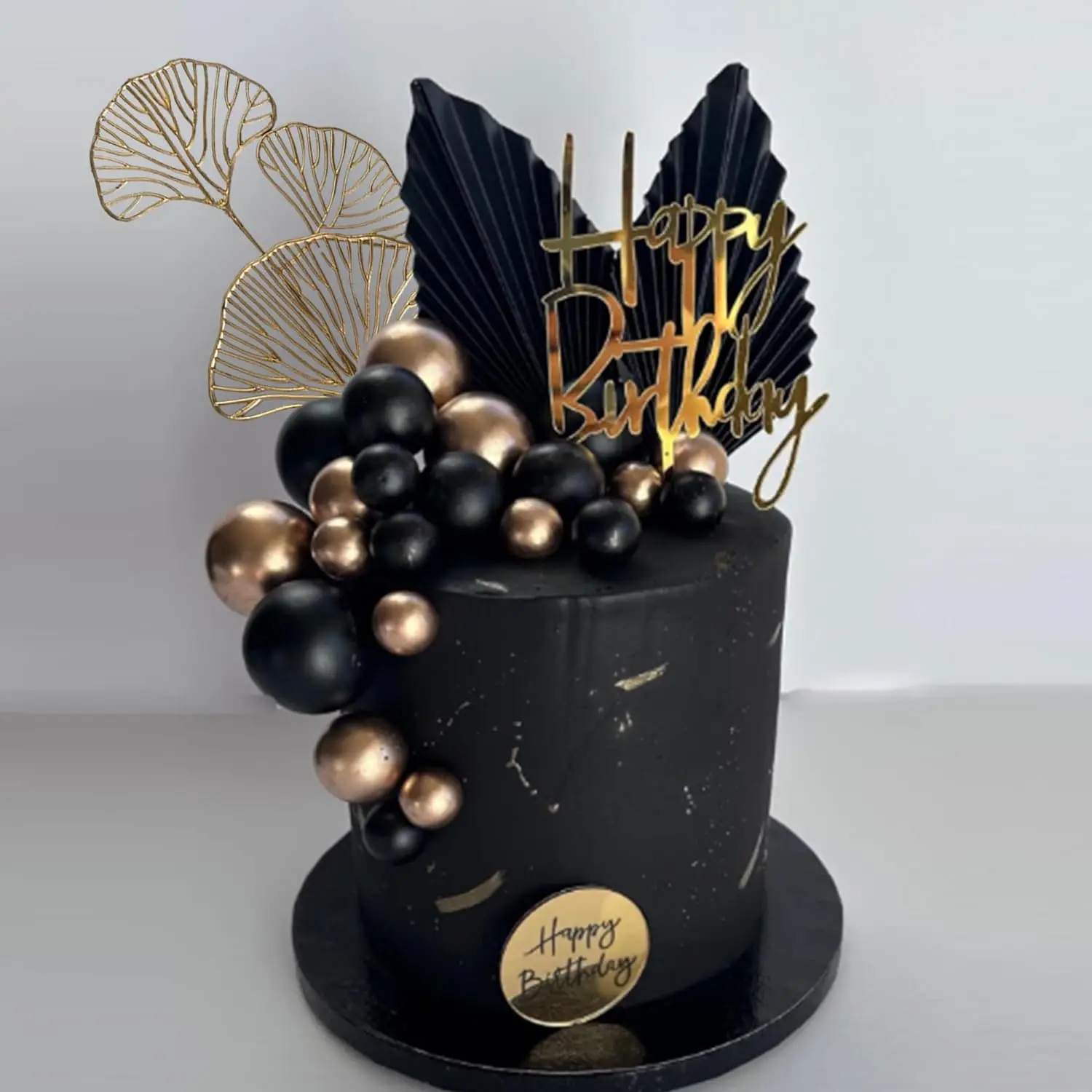 Lot 37 Décorations Gâteau Anniversaire Noir Et Or - Boules Mousse Et Feuilles Eucalyptus