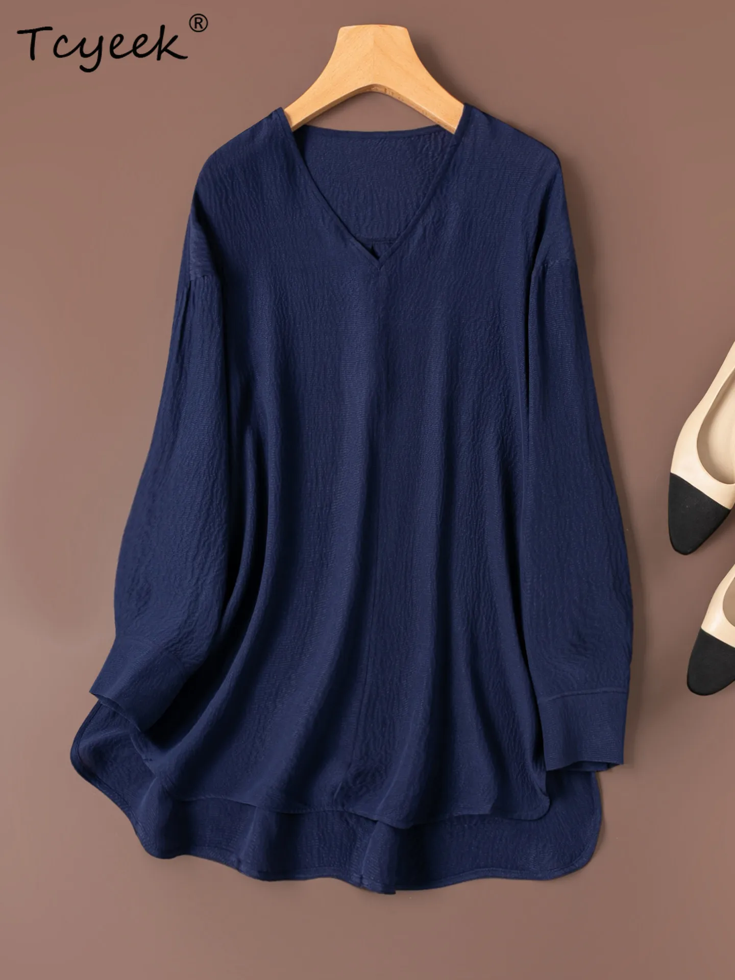 

Tcyeek 100% Real Silk Blouse Elegant Blouse for Women Summer Clothes Mid-length Ladies Tops Long Sleeve Sunscreen Топ Женский