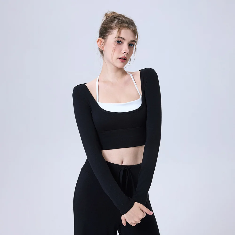 GlamGaze Breathable Naked Feel Color Block Sports Bra For Women Long Sleeve Half Fixed Cup Running Gym Workout Yoga Outfit