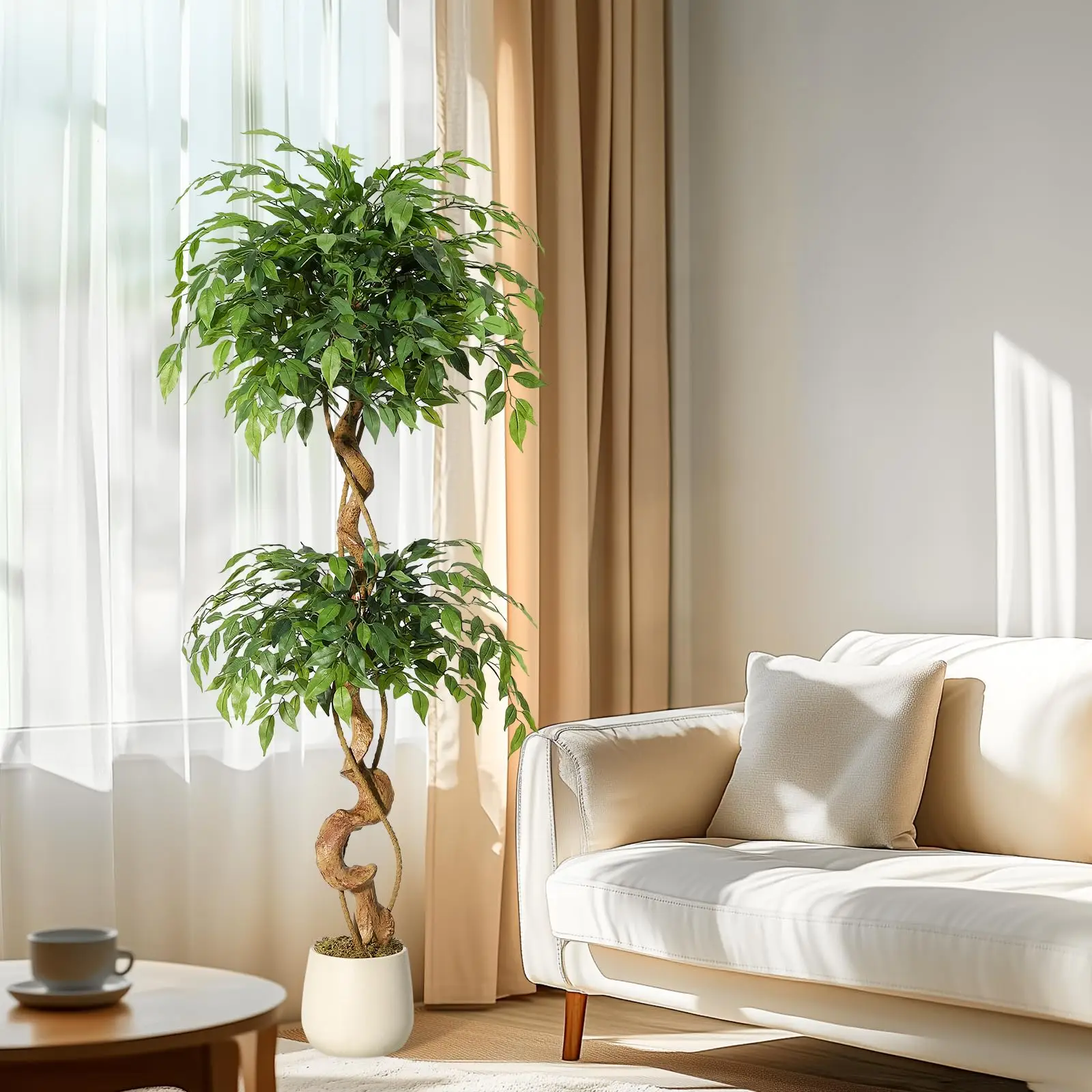 Sztuczne drzewo Ficus, sztuczne rośliny do użytku wewnątrz pomieszczeń, w solidnym, białym doniczkowym pojemniku, sztuczne drzewo do dekoracji wnętrz, idealne do domu i biura.