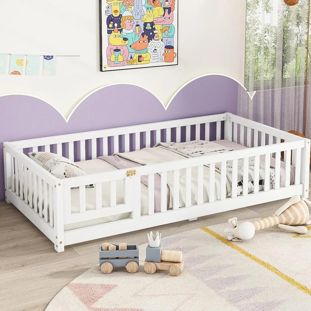 Twee Vloerbed Met Latten En Middensteunbar, Montessori Vloerbed Met Hek En Deur, Kinderen Montessori Bed Twin Size