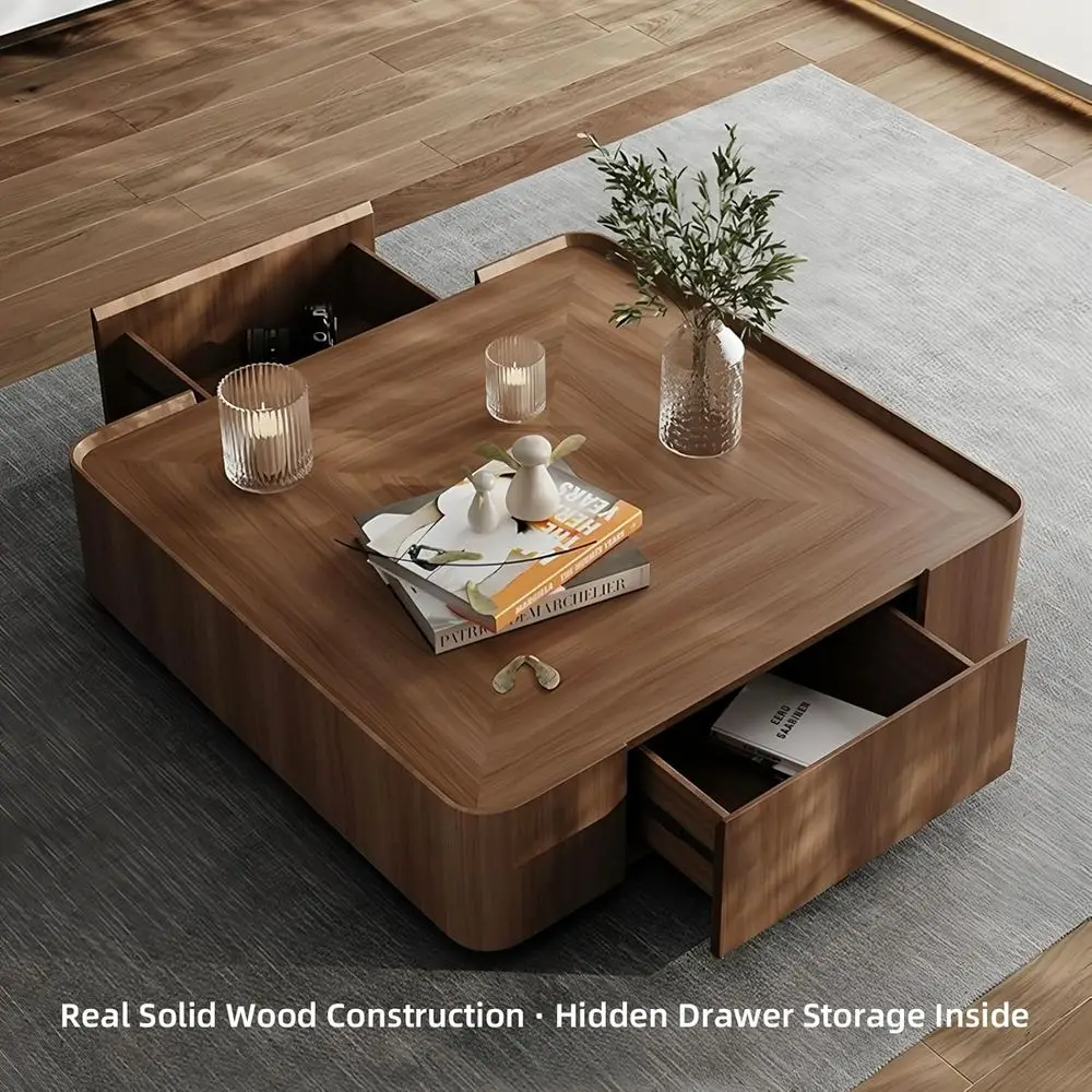Elegant Walnut Coffee Table with Hidden Drawer, Simple Assembly, Square Design for Living Spaces, Raised Edge, 39.37 Square Size